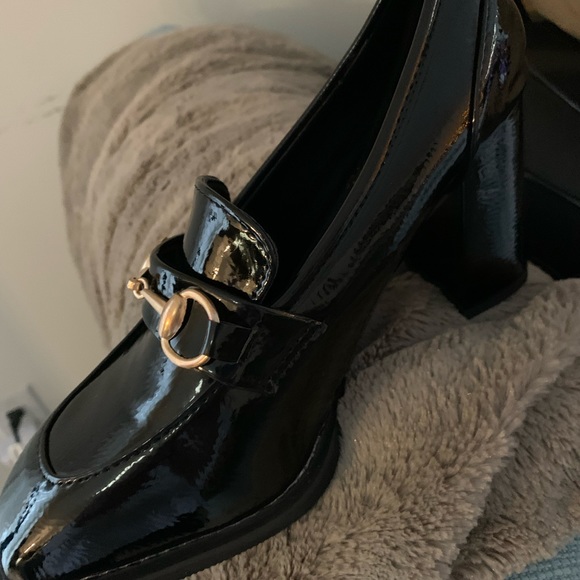 Brand new 3 inch chunky faux patent leather loafer with gold bit detail. - Picture 2 of 5